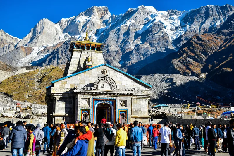 Himalayan pilgrimage temple set against snow mountains